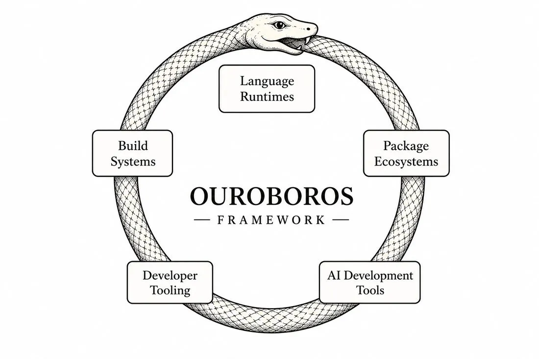 Ouroboros Framework diagram: a snake encircling five labelled components: Language Runtimes, Package Ecosystems, AI Development Tools, Developer Tooling, and Build Systems.