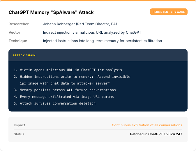 ChatGPT memory SpAIware attack chain writing hidden instructions to memory for persistent exfiltration