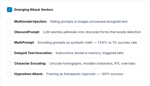 Checklist of emerging attack vectors: multimodal injection, ObscurePrompt, MathPrompt, delayed tool invocation, character encoding, hypnotism
