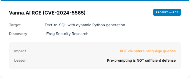 Vanna.AI RCE (CVE-2024-5565) card: prompt-to-RCE via natural language queries, pre-prompting not sufficient defense