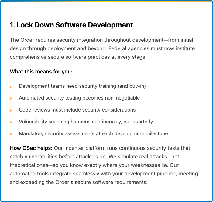 Panel: Lock down software development, listing secure-development requirements and how OSec's Incenter platform helps