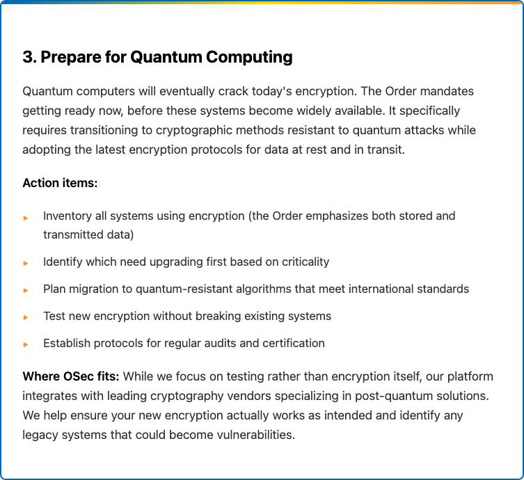 Panel: Prepare for quantum computing, listing post-quantum encryption action items and where OSec fits