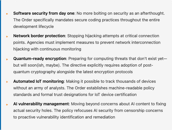 Bulleted overview of the Order's five focus areas: secure coding, network border protection, quantum-ready encryption, IoT monitoring, and AI vulnerability management