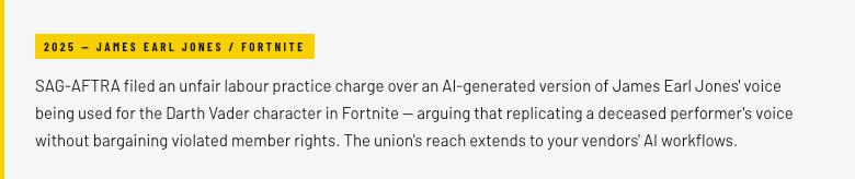 2025 case note: SAG-AFTRA filed an unfair labour practice charge over an AI-generated James Earl Jones voice in Fortnite