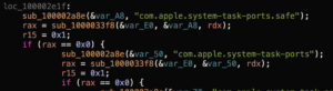 Hopper disassembly comparing the com.apple.system-task-ports and .safe entitlement strings