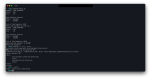Terminal displaying code signature slot sizes and an entitlements plist for a resigned binary
