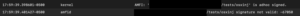 Kernel log line where AMFI merely notes the tainted signature instead of blocking execution