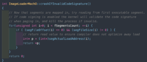 dyld source for crashIfInvalidCodeSignature, which validates the main executable's signature
