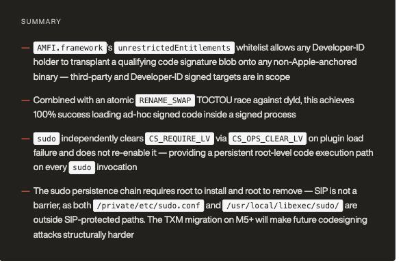 Summary of the entitlement transplant, RENAME_SWAP race, sudo persistence chain, and TXM migration outlook